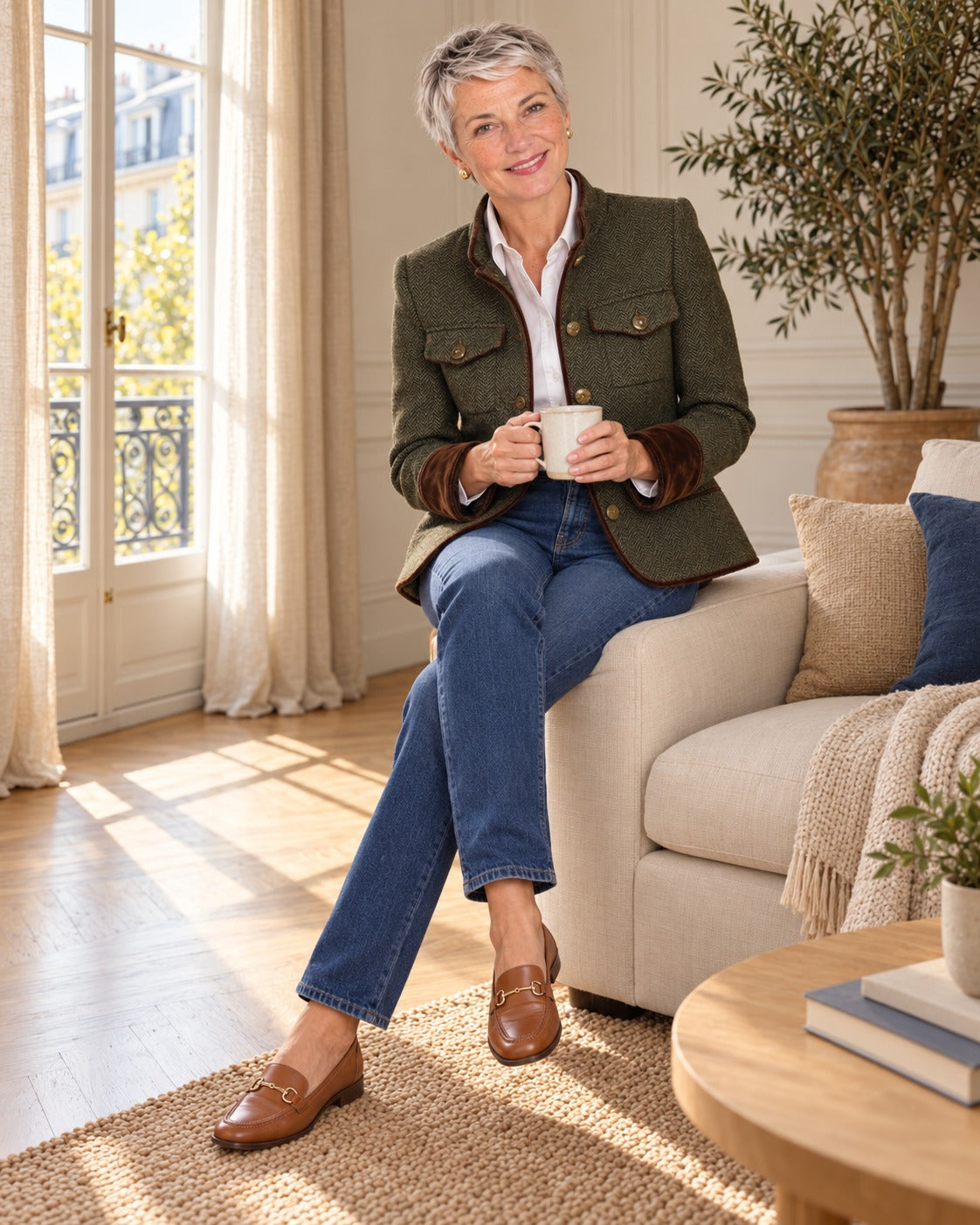 Veste en tweed à chevrons — Olive, portée avec un jean