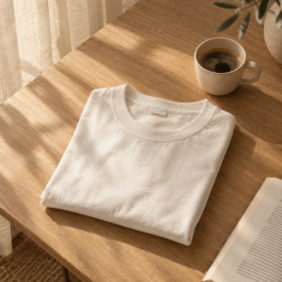 Tee-shirt blanc cassé plié sur une table en chêne, à côté d’une tasse de café