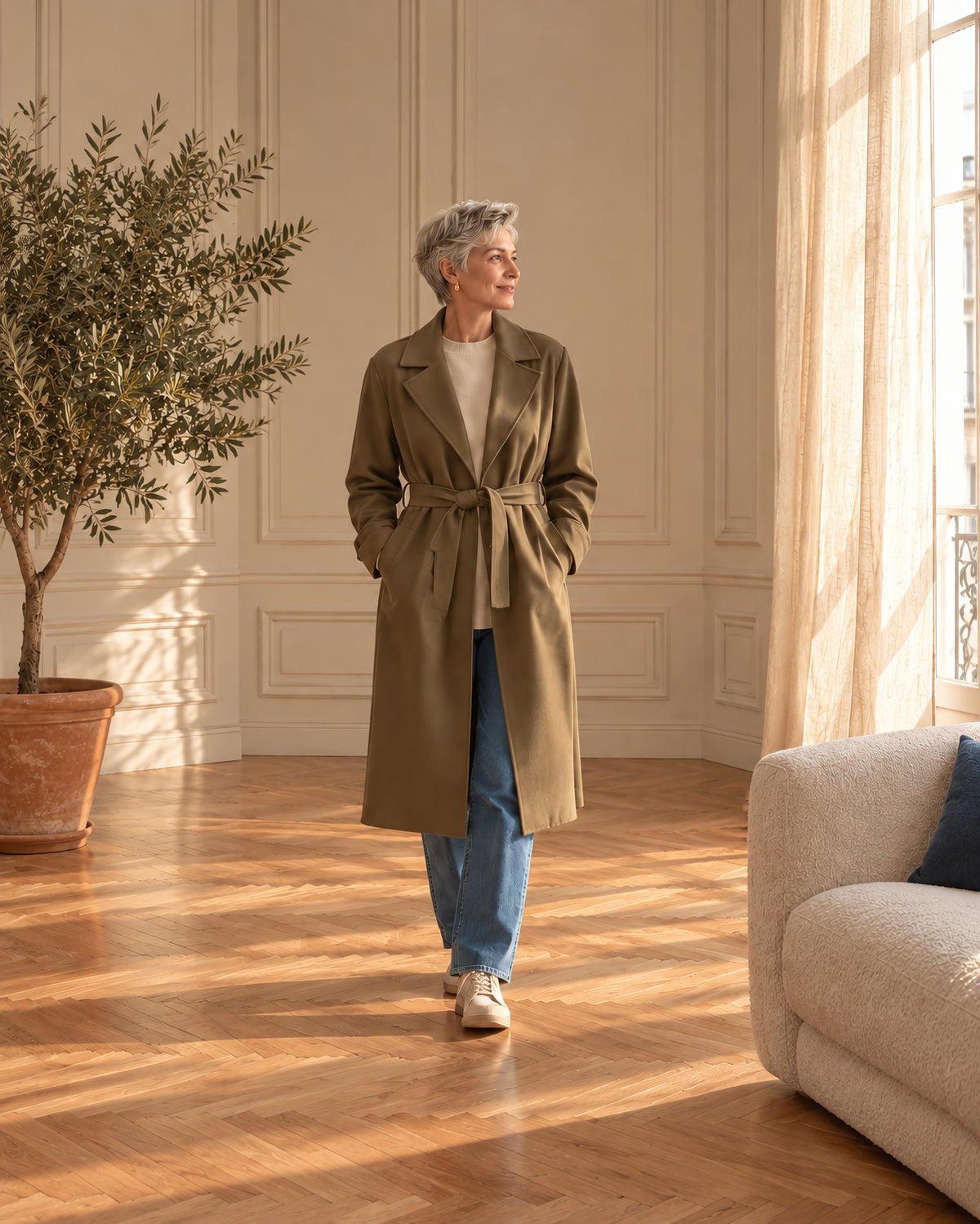 Femme en long manteau kaki ceinturé et jean, près d’un olivier dans un salon parisien