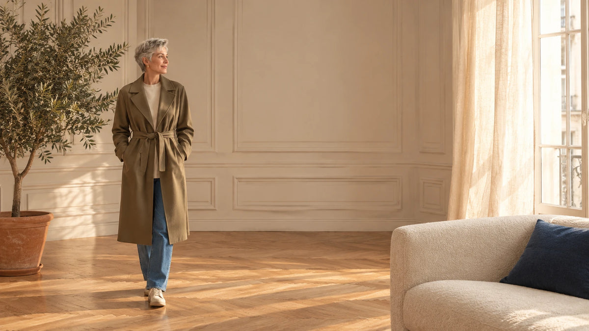 Femme en long manteau kaki ceinturé et jean, près d’un olivier dans un salon parisien