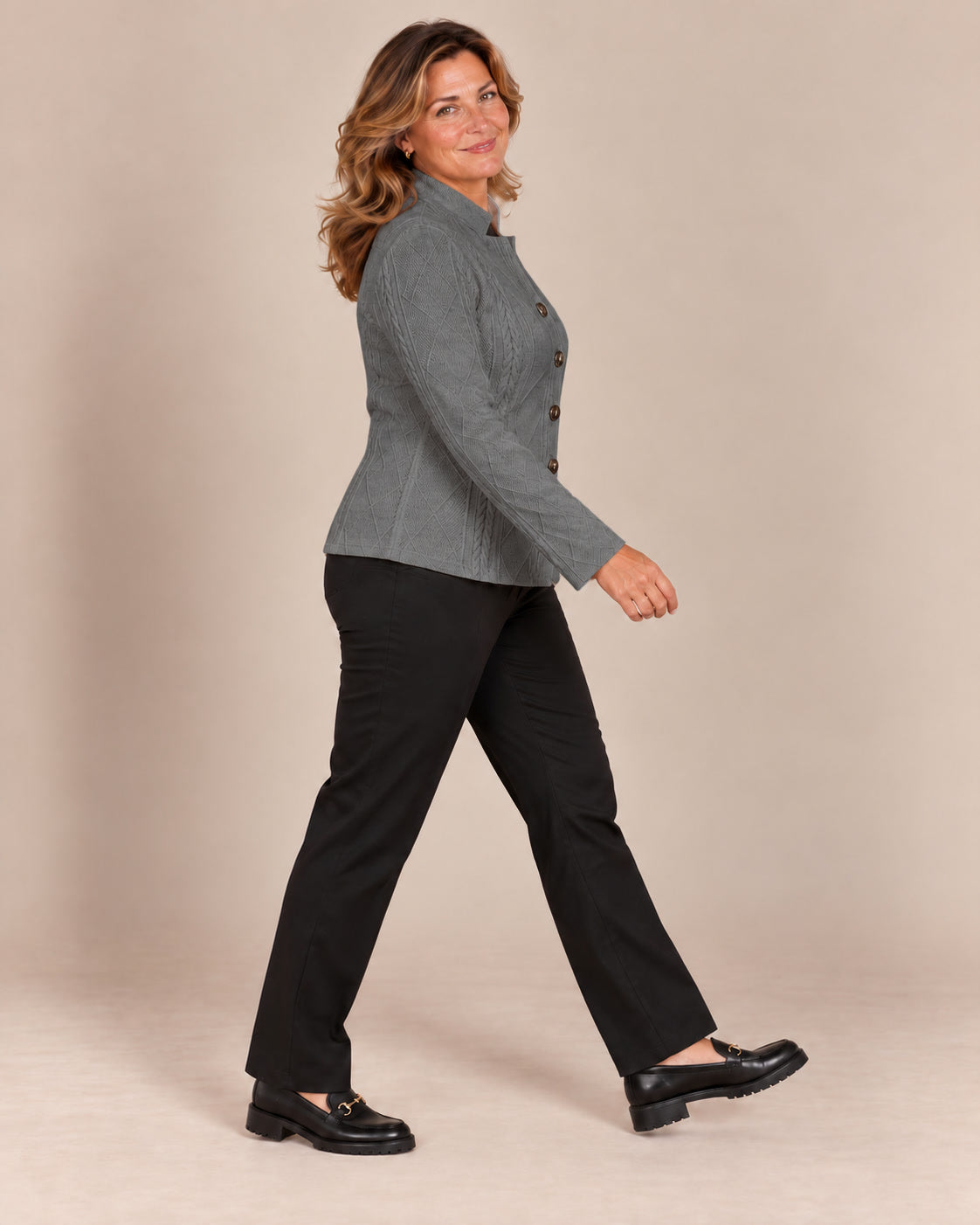 Blazer texturé à col montant — Anthracite, porté de profil