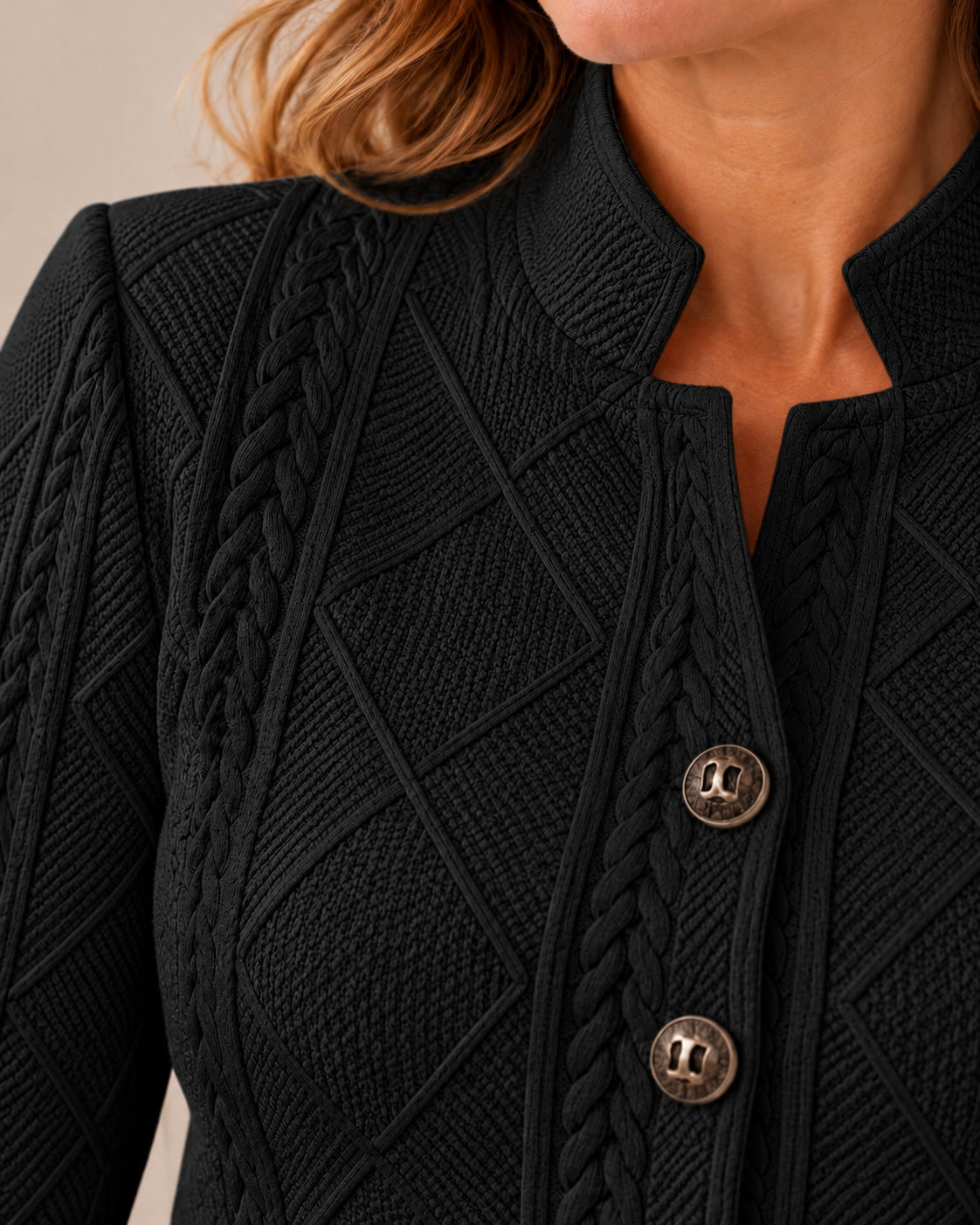 Blazer texturé à col montant — Noir, détail de la maille texturée