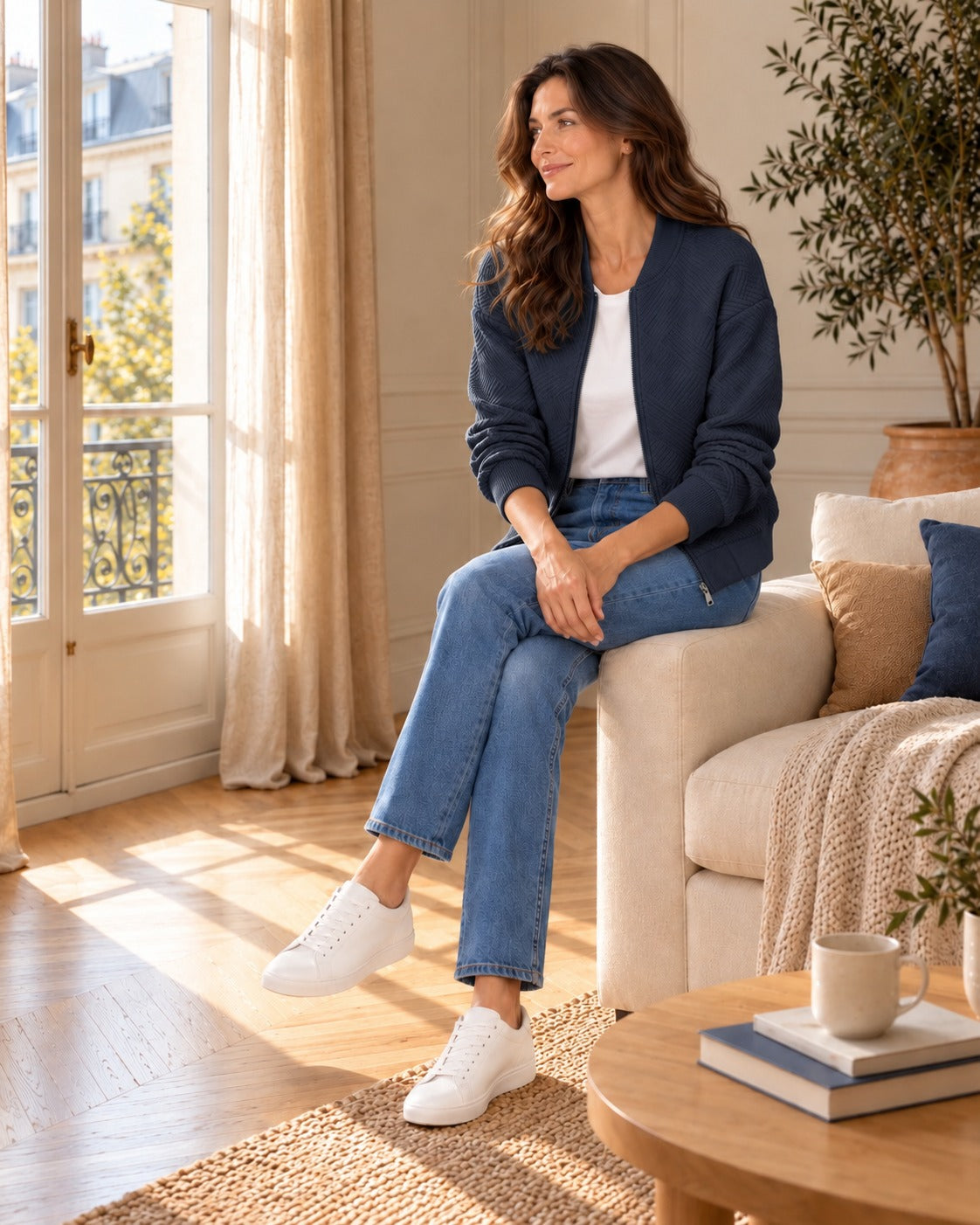 Bomber à la matière texturée — Bleu nuit, porté avec un jean