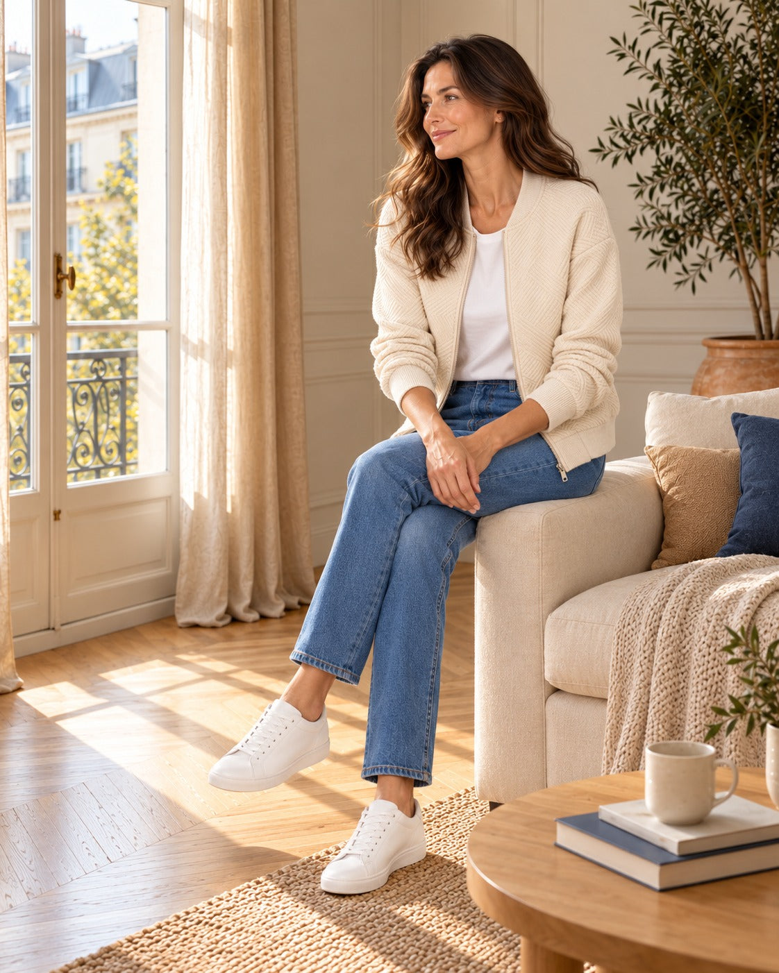 Bomber à la matière texturée — Écru, porté avec un jean