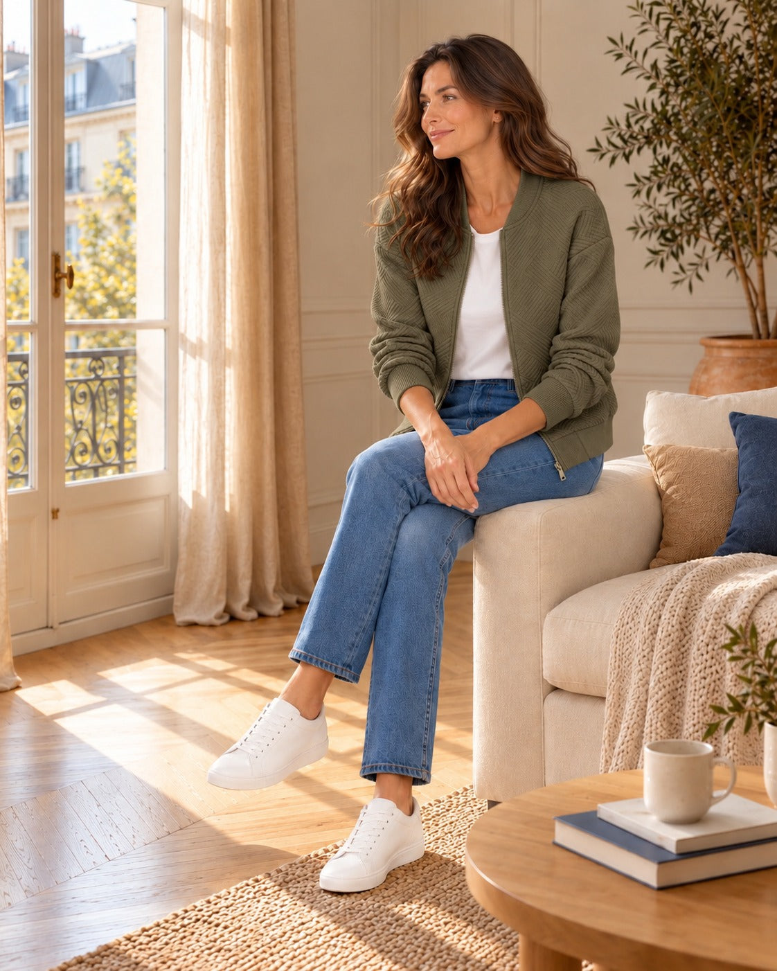 Bomber à la matière texturée — Kaki, porté avec un jean