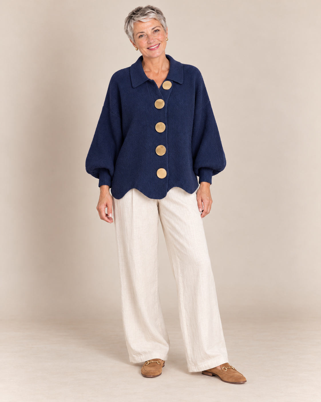 Cardigan oversize à col et gros boutons, Bleu nuit, de face