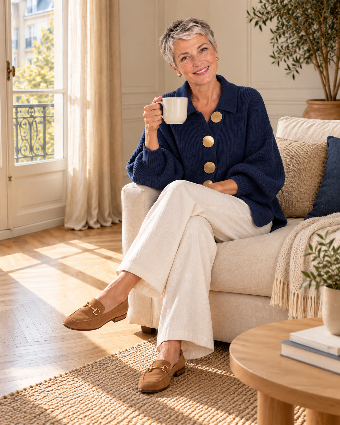Cardigan oversize à col et gros boutons — Bleu nuit, porté avec un pantalon écru