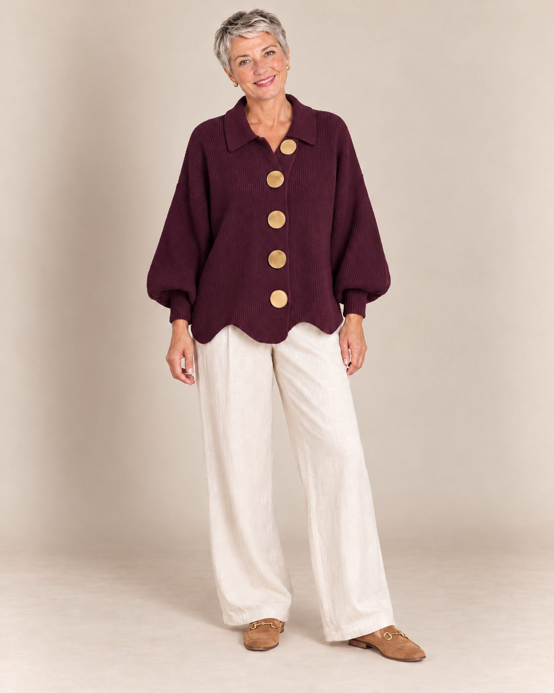 Cardigan oversize à col et gros boutons — Bordeaux