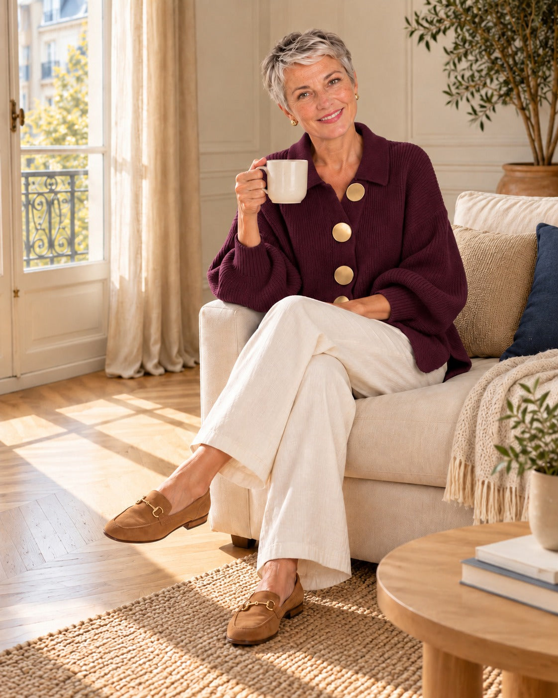 Cardigan oversize à col et gros boutons — Bordeaux, porté avec un pantalon écru