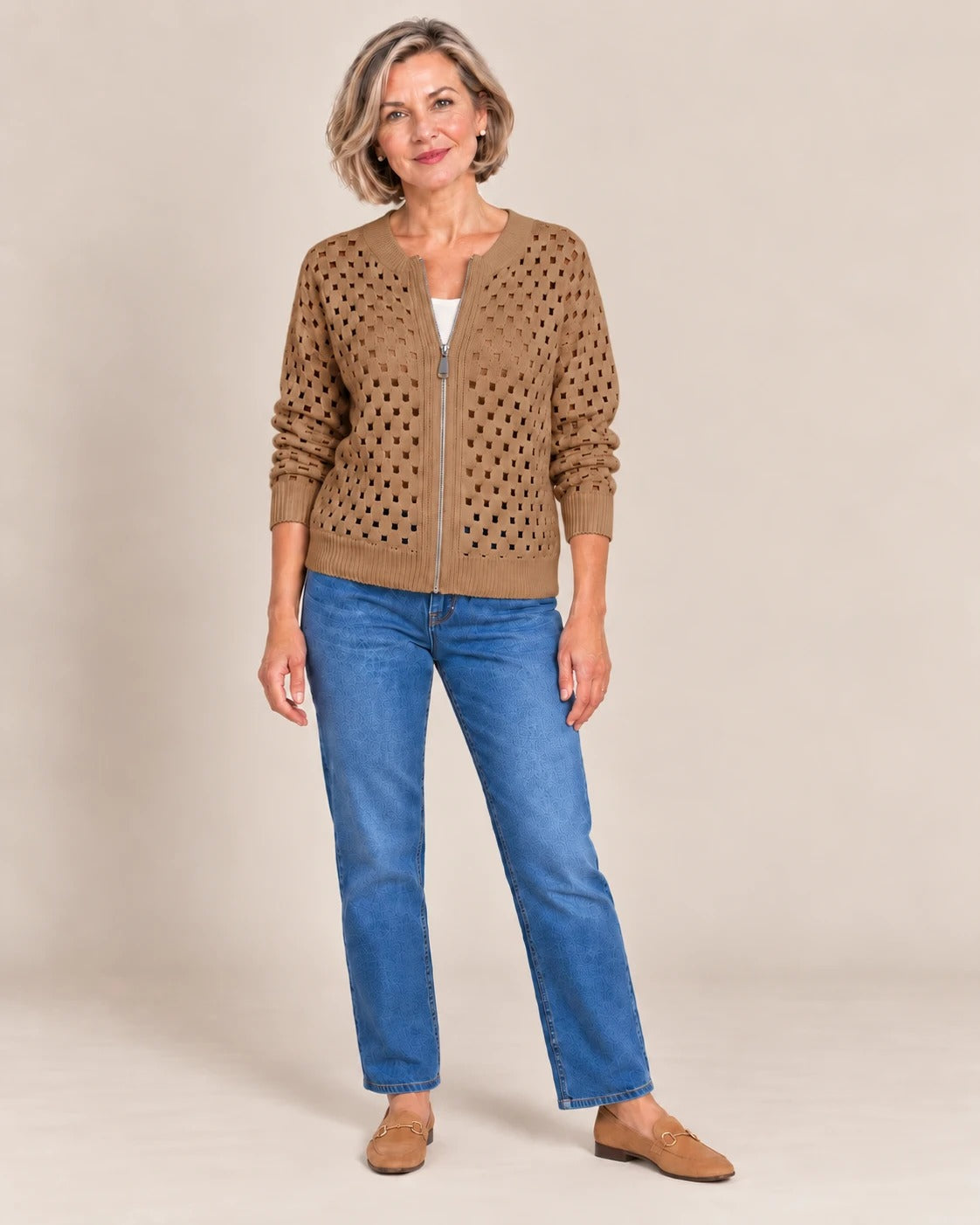 Cardigan zippé en maille ajourée — Camel