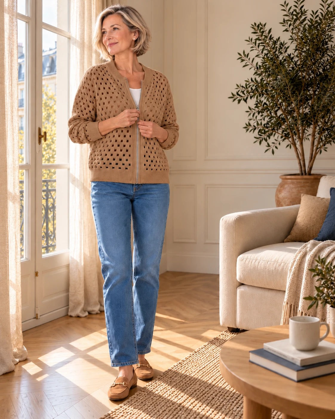 Cardigan zippé en maille ajourée — Camel, porté avec un jean