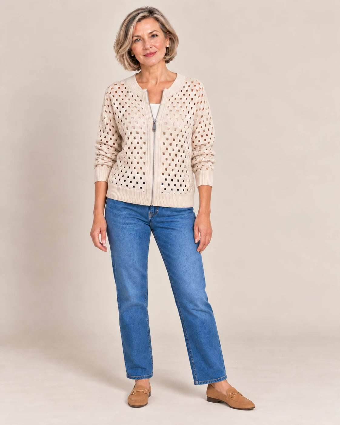 Cardigan zippé en maille ajourée, Écru, de face