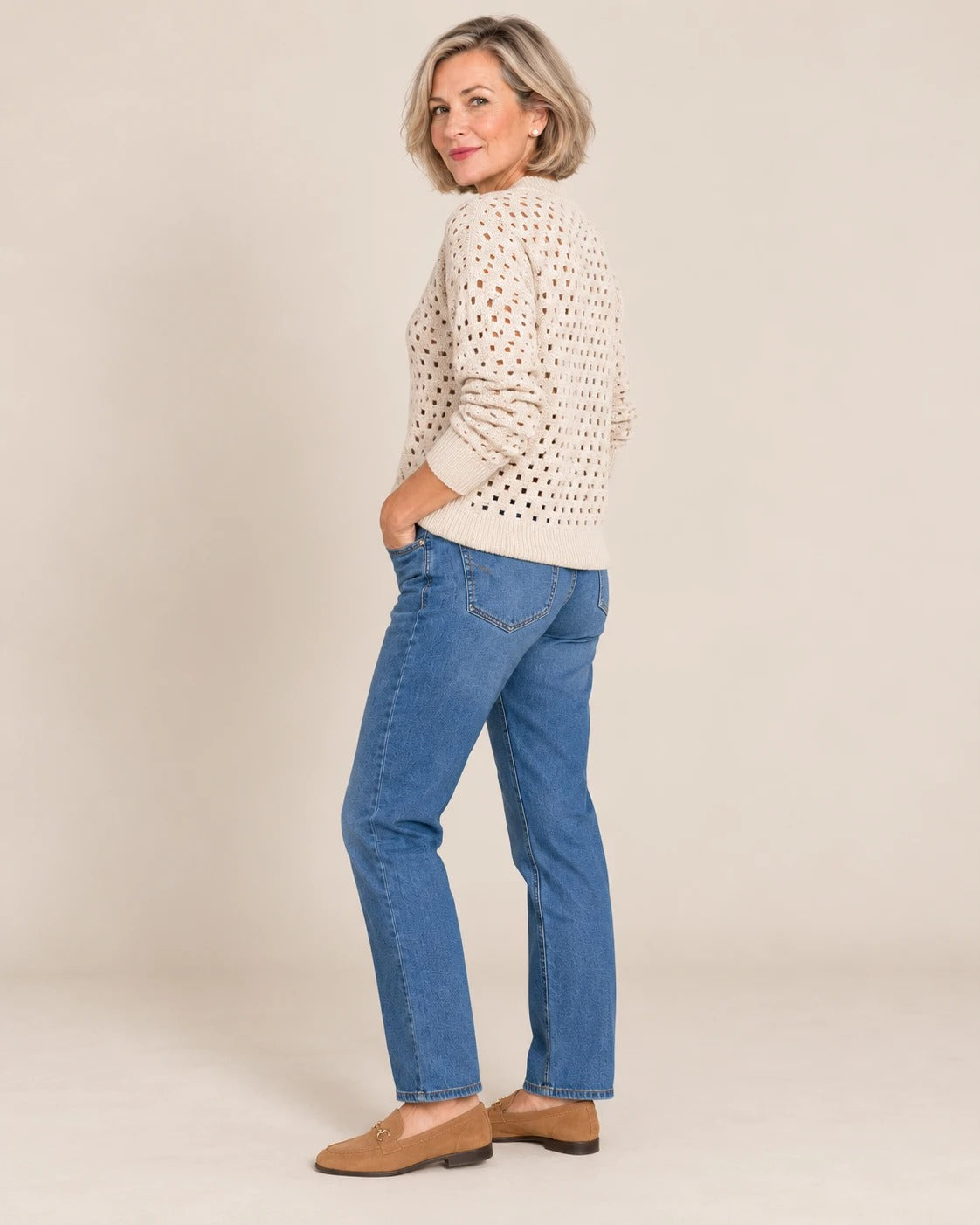 Cardigan zippé en maille ajourée, Écru, de dos