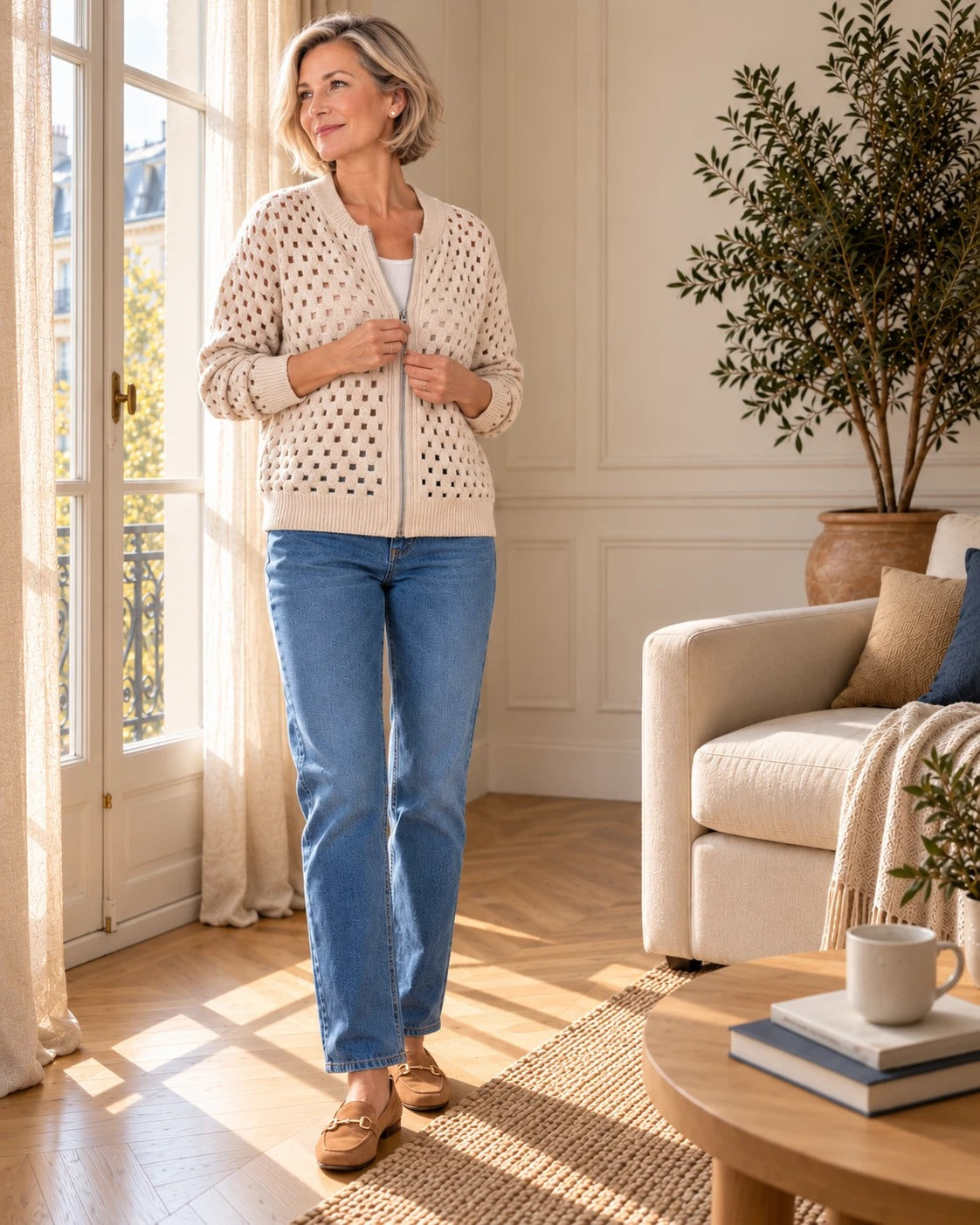 Cardigan zippé en maille ajourée — Écru, porté avec un jean