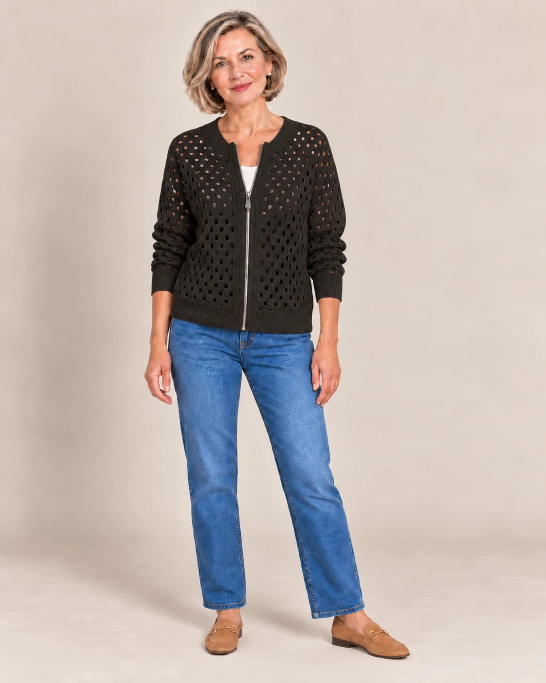 Cardigan zippé en maille ajourée — Noir