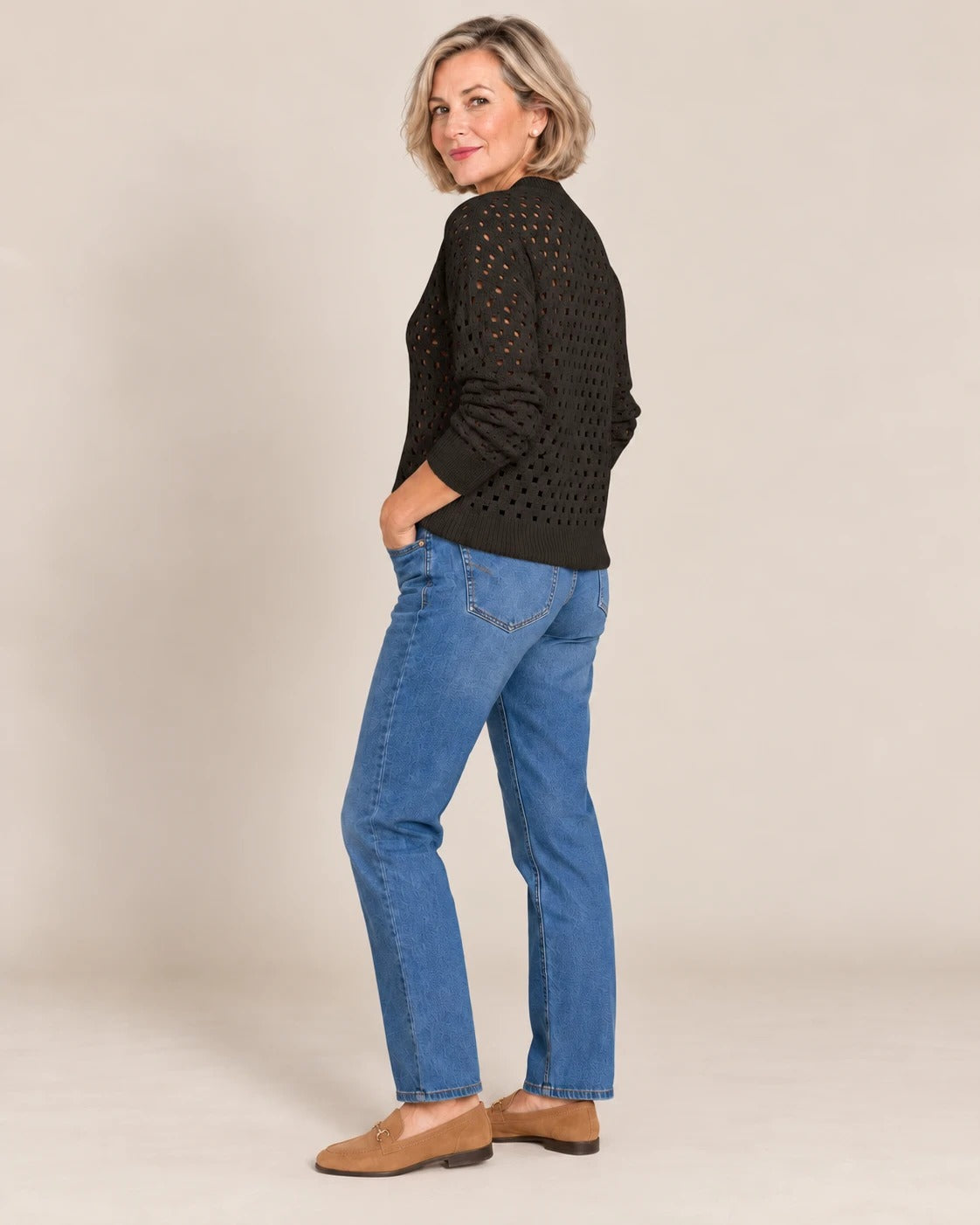 Cardigan zippé en maille ajourée — Noir, de dos