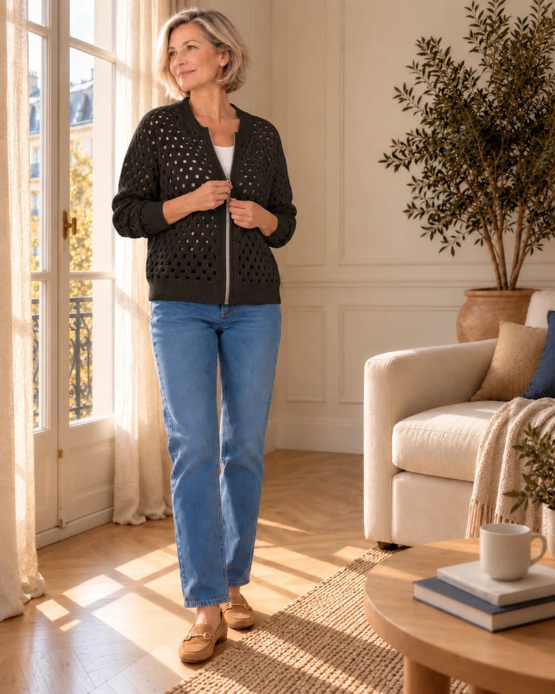 Cardigan zippé en maille ajourée — Noir, porté avec un jean