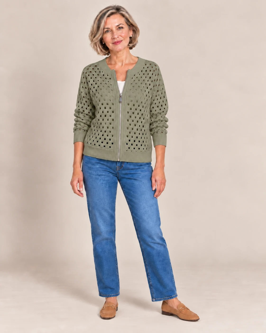 Cardigan zippé en maille ajourée — Sauge