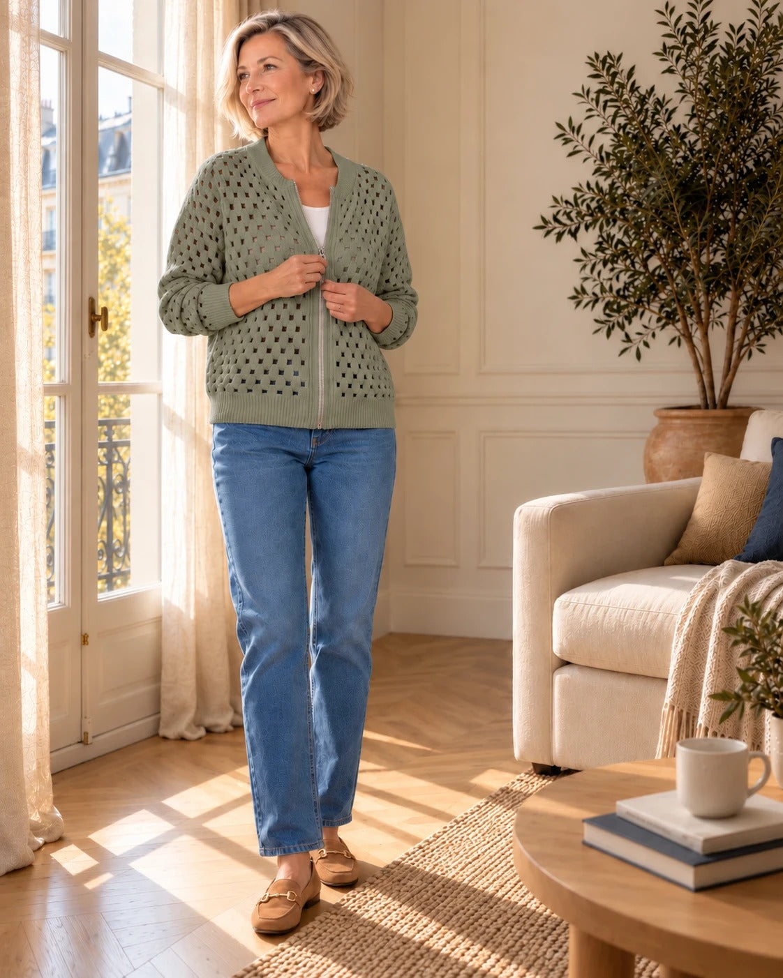 Cardigan zippé en maille ajourée — Sauge, porté avec un jean