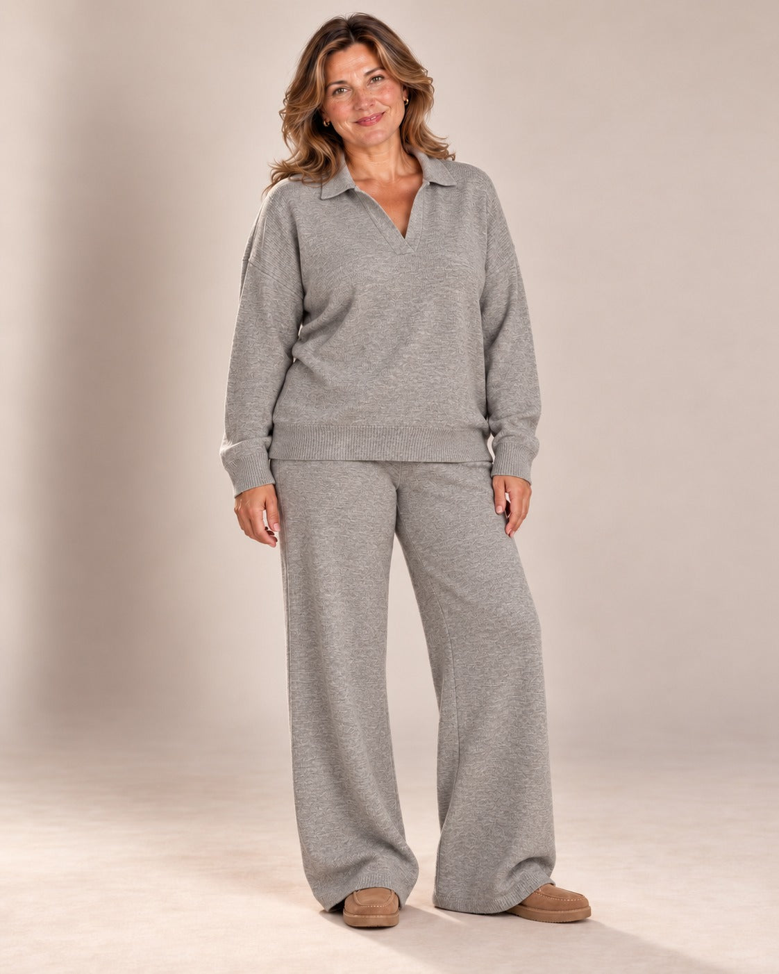 Ensemble pull col polo et pantalon large — Gris chiné