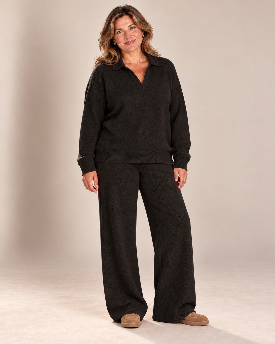 Ensemble pull col polo et pantalon large — Noir
