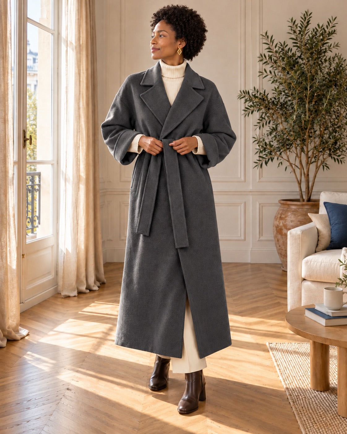 Manteau long ceinturé — Anthracite, porté avec un pull