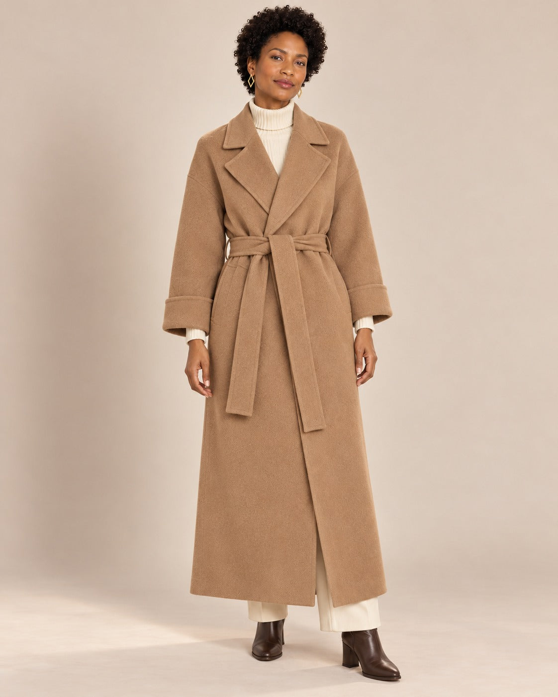 Manteau long ceinturé, Camel, de face
