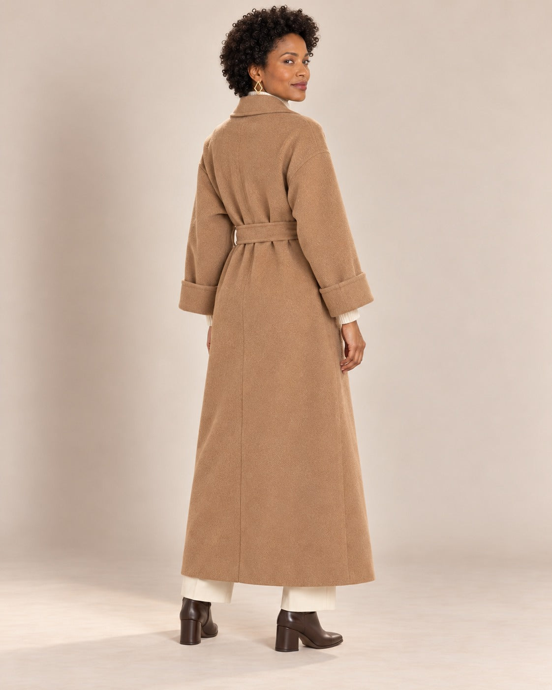 Manteau long ceinturé, Camel, de dos