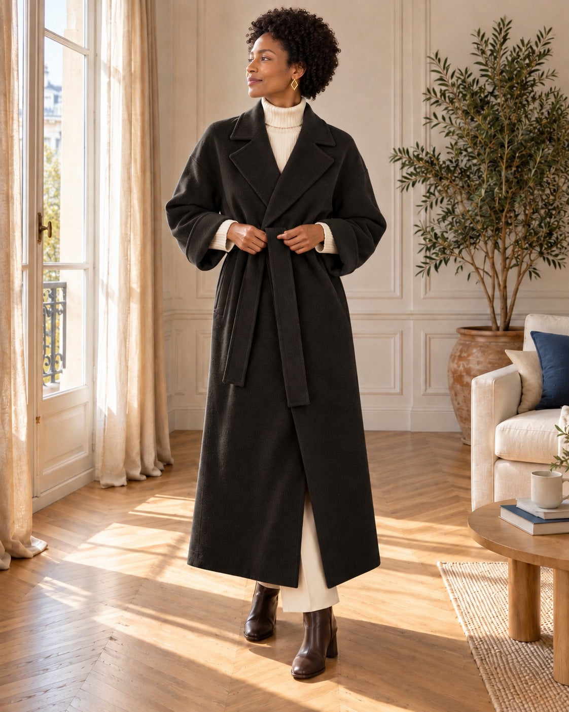 Manteau long ceinturé — Noir, porté avec un pull