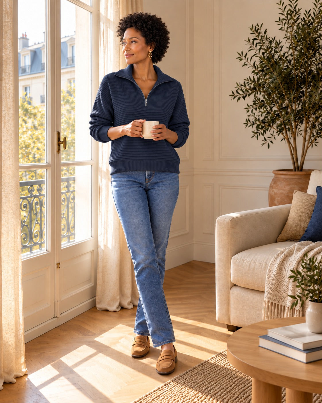 Pull demi-zip — Bleu nuit, porté avec un jean