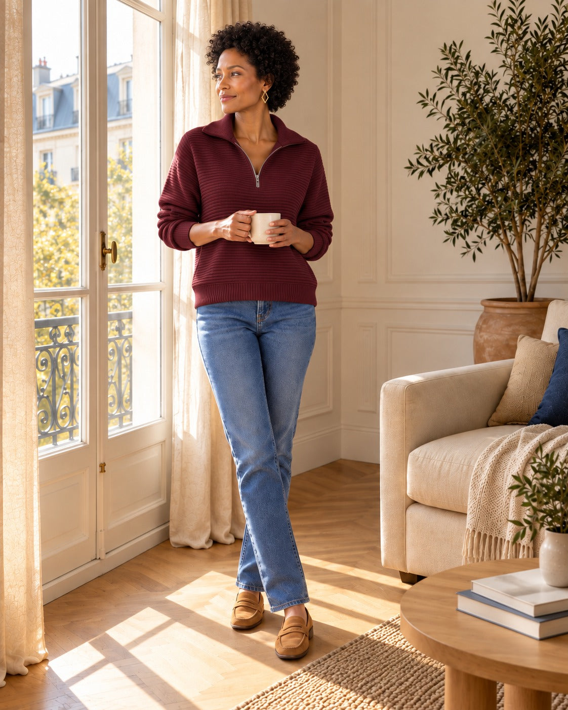 Pull demi-zip — Bordeaux, porté avec un jean