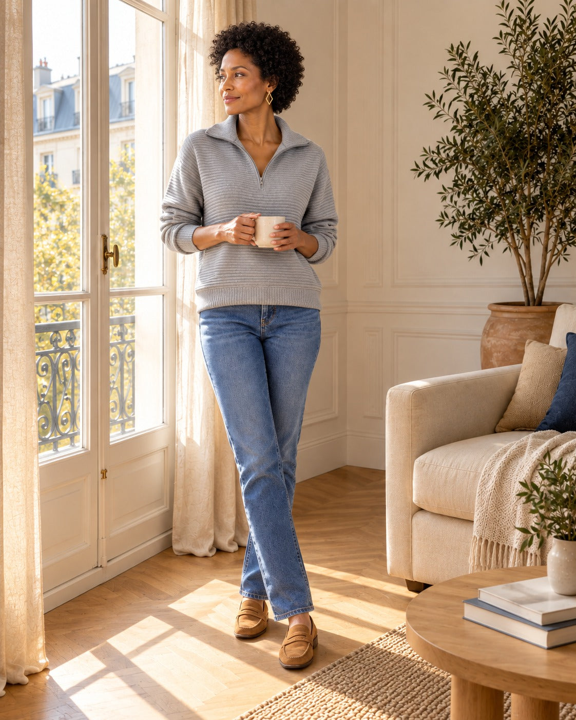 Pull demi-zip — Gris chiné, porté avec un jean