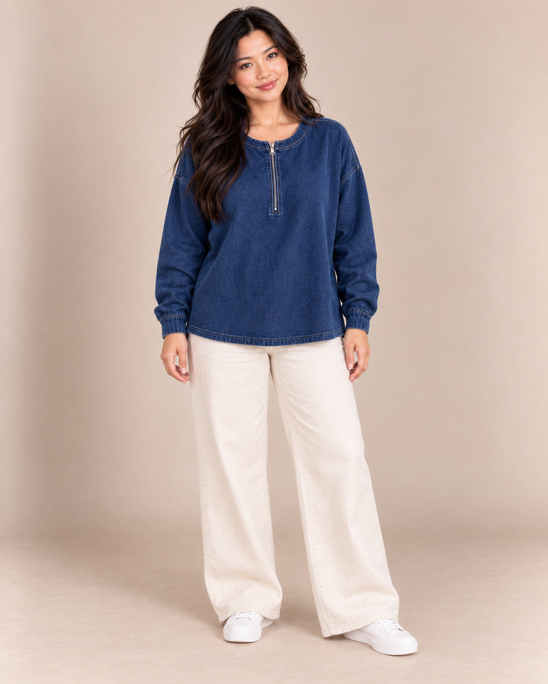 Pull en jean demi-zip, Bleu jean, de face