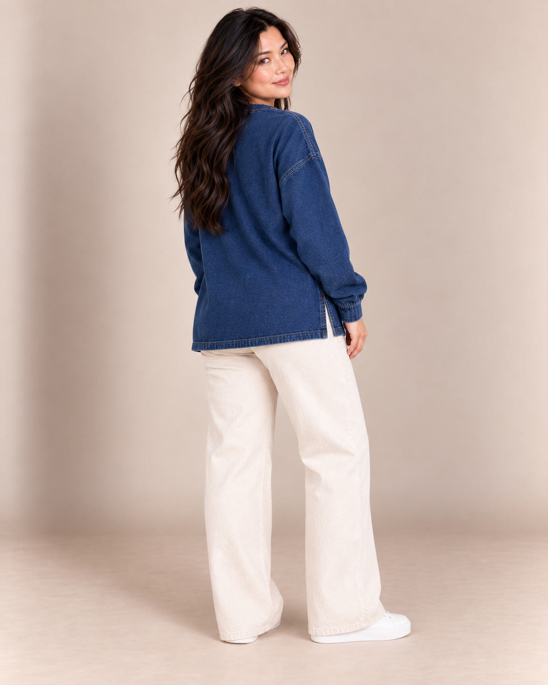Pull en jean demi-zip, Bleu jean, de dos