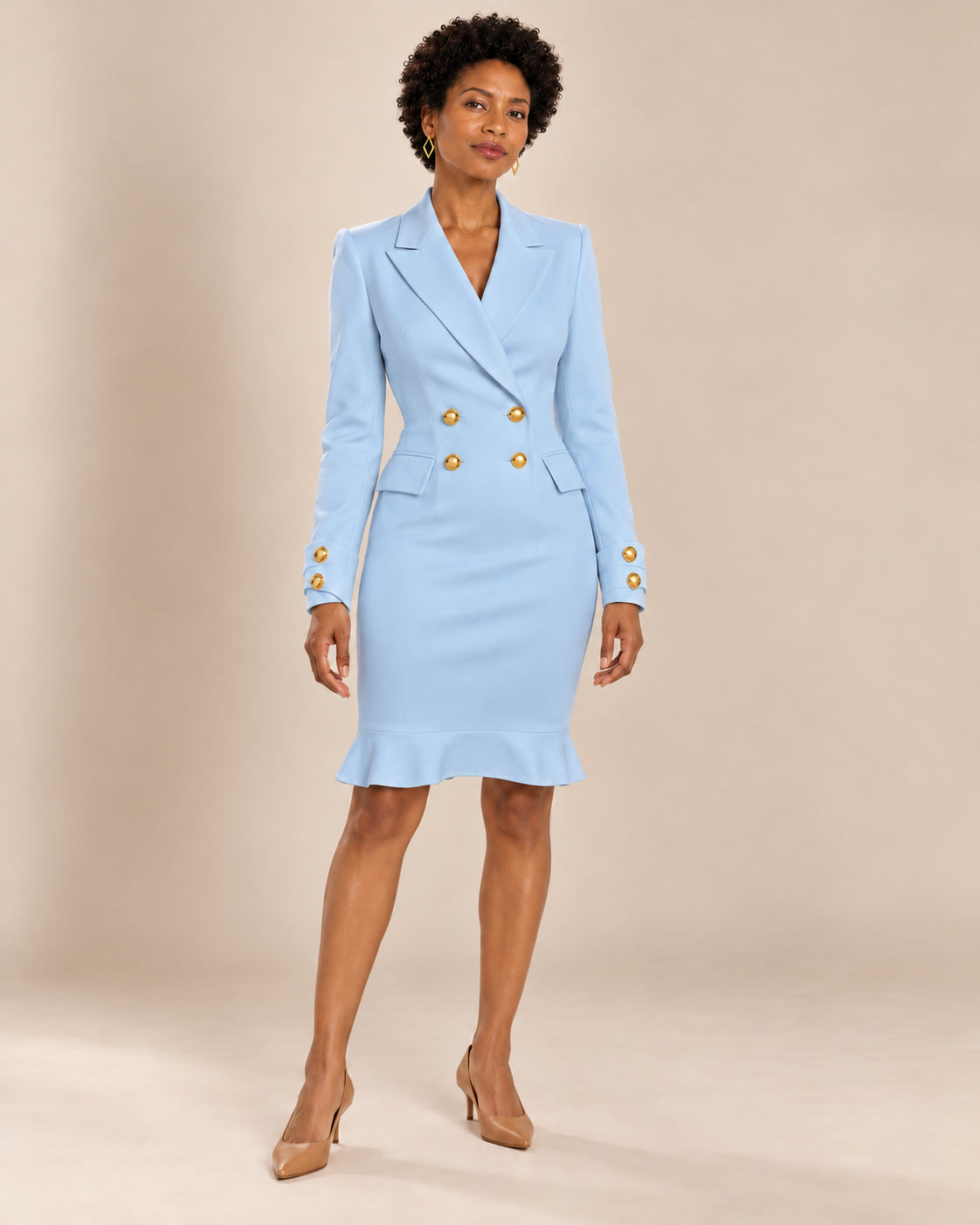 Robe blazer croisée à boutons dorés — Bleu ciel