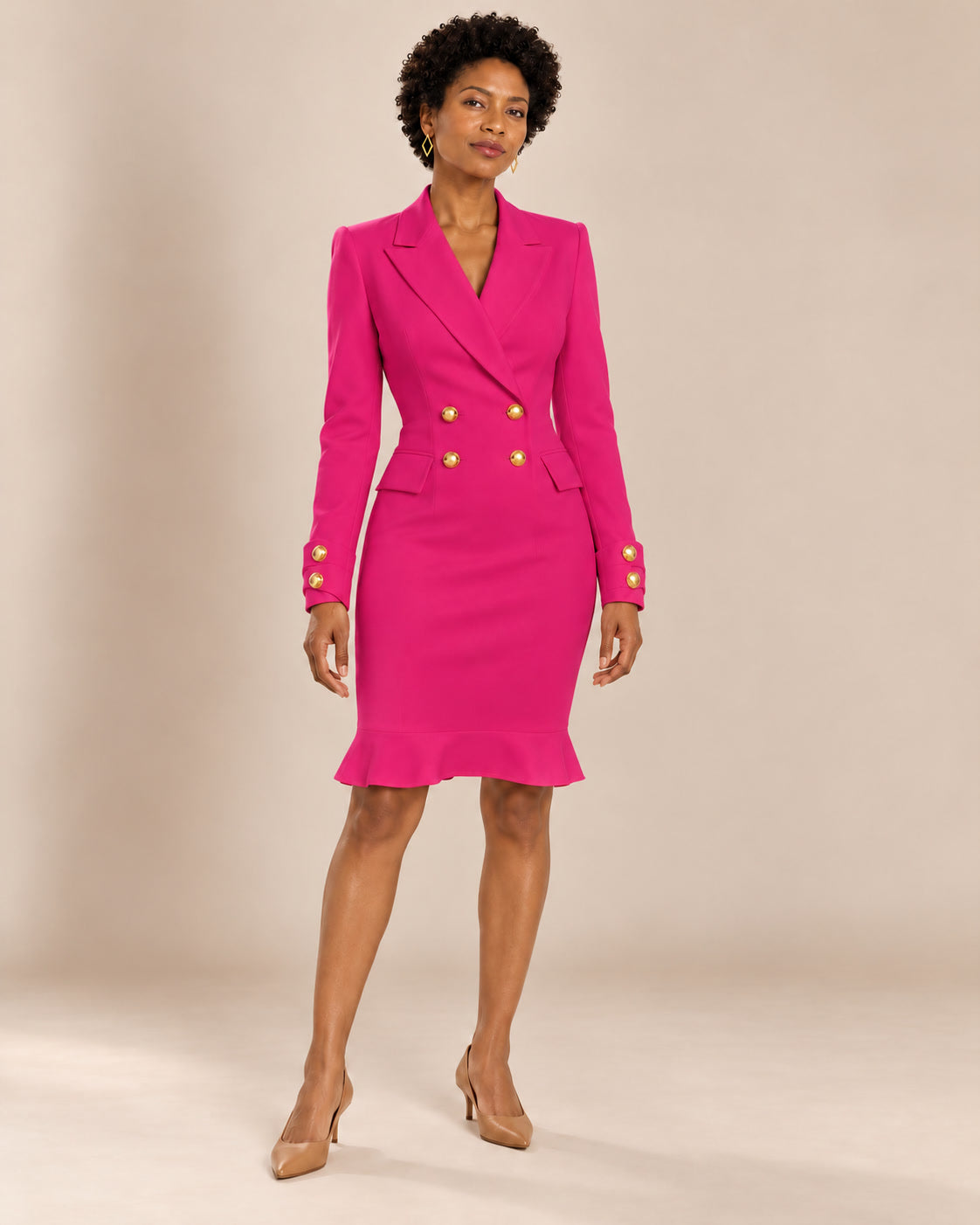 Robe blazer croisée à boutons dorés — Fuchsia
