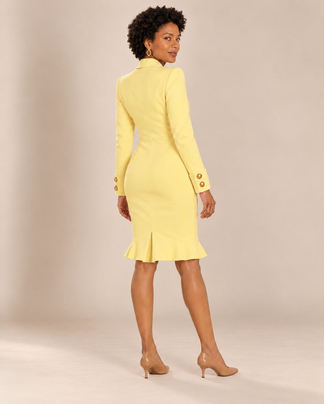 Robe blazer croisée à boutons dorés — Jaune pâle, de dos
