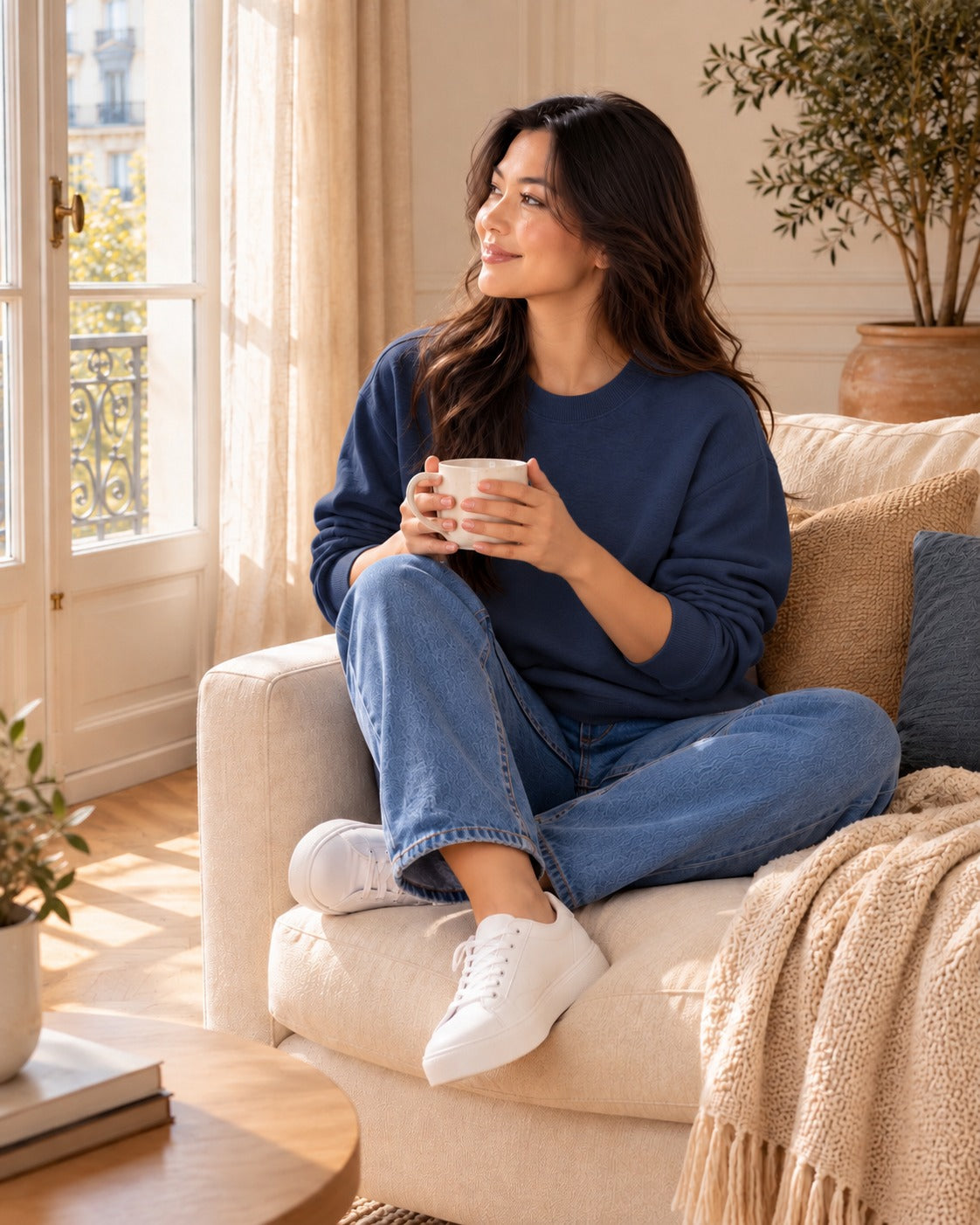 Sweat col rond — Bleu nuit, porté avec un jean