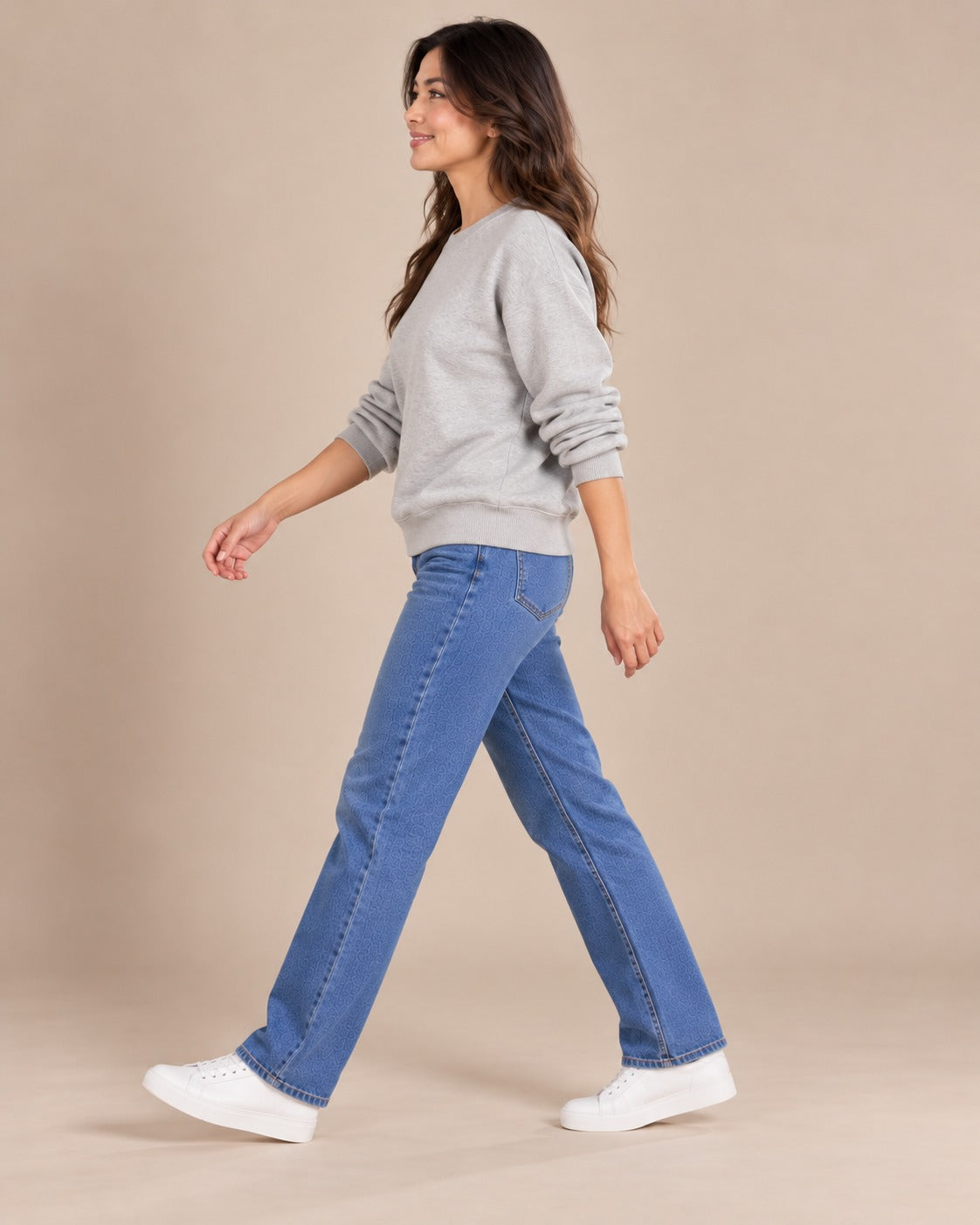 Sweat col rond — Gris chiné, manches remontées