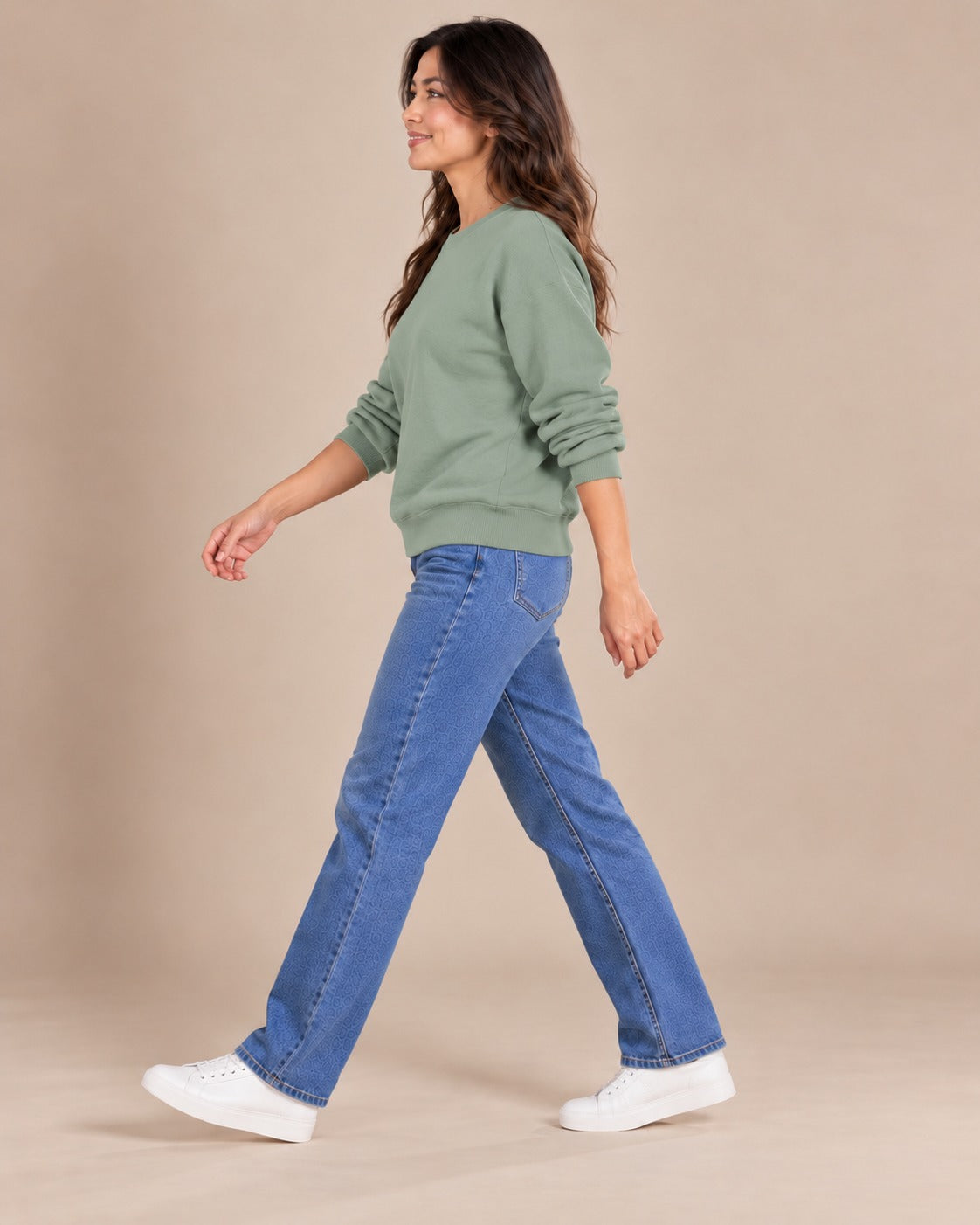 Sweat col rond — Sauge, manches remontées