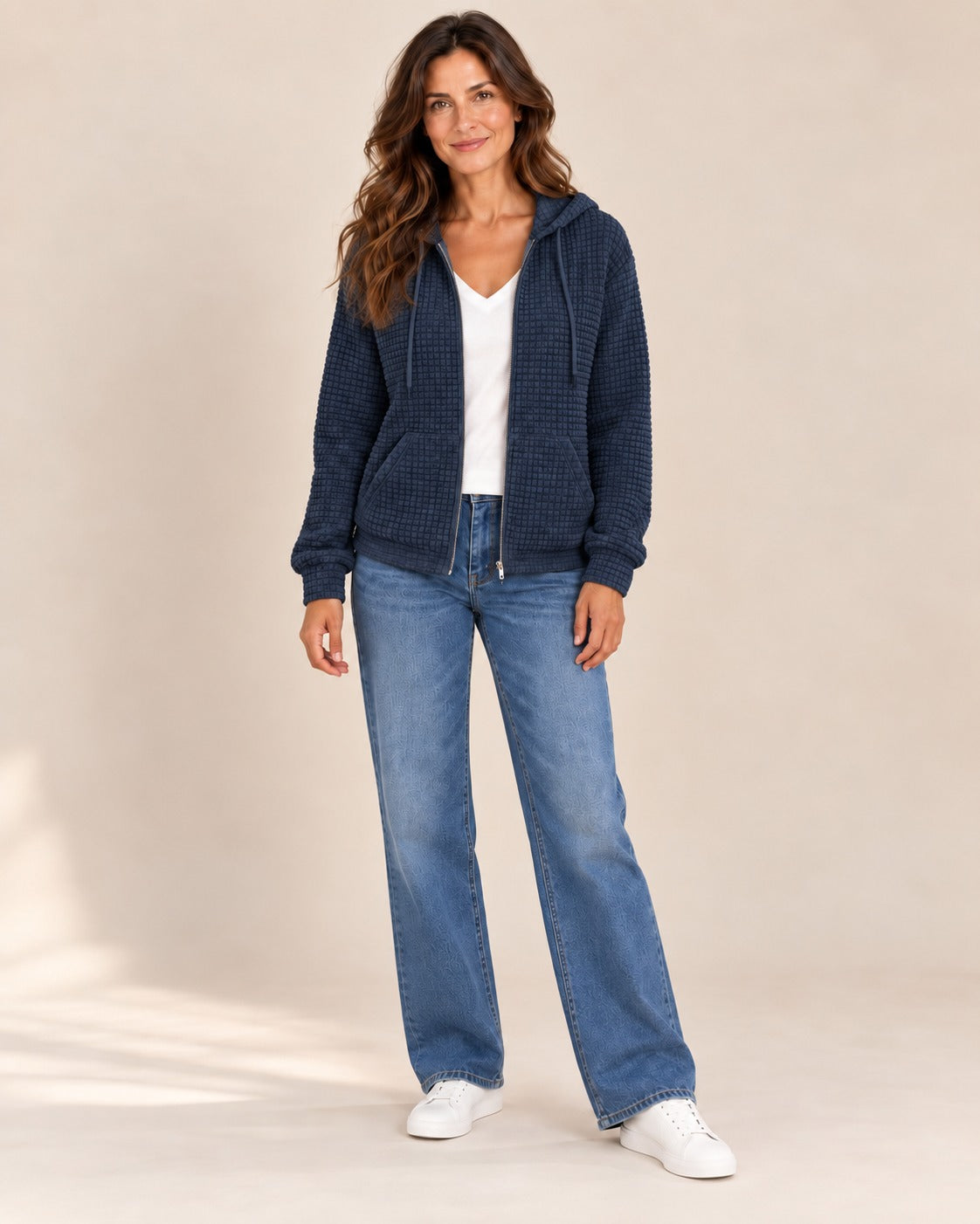 Sweat zippé à capuche en maille gaufrée — Bleu nuit