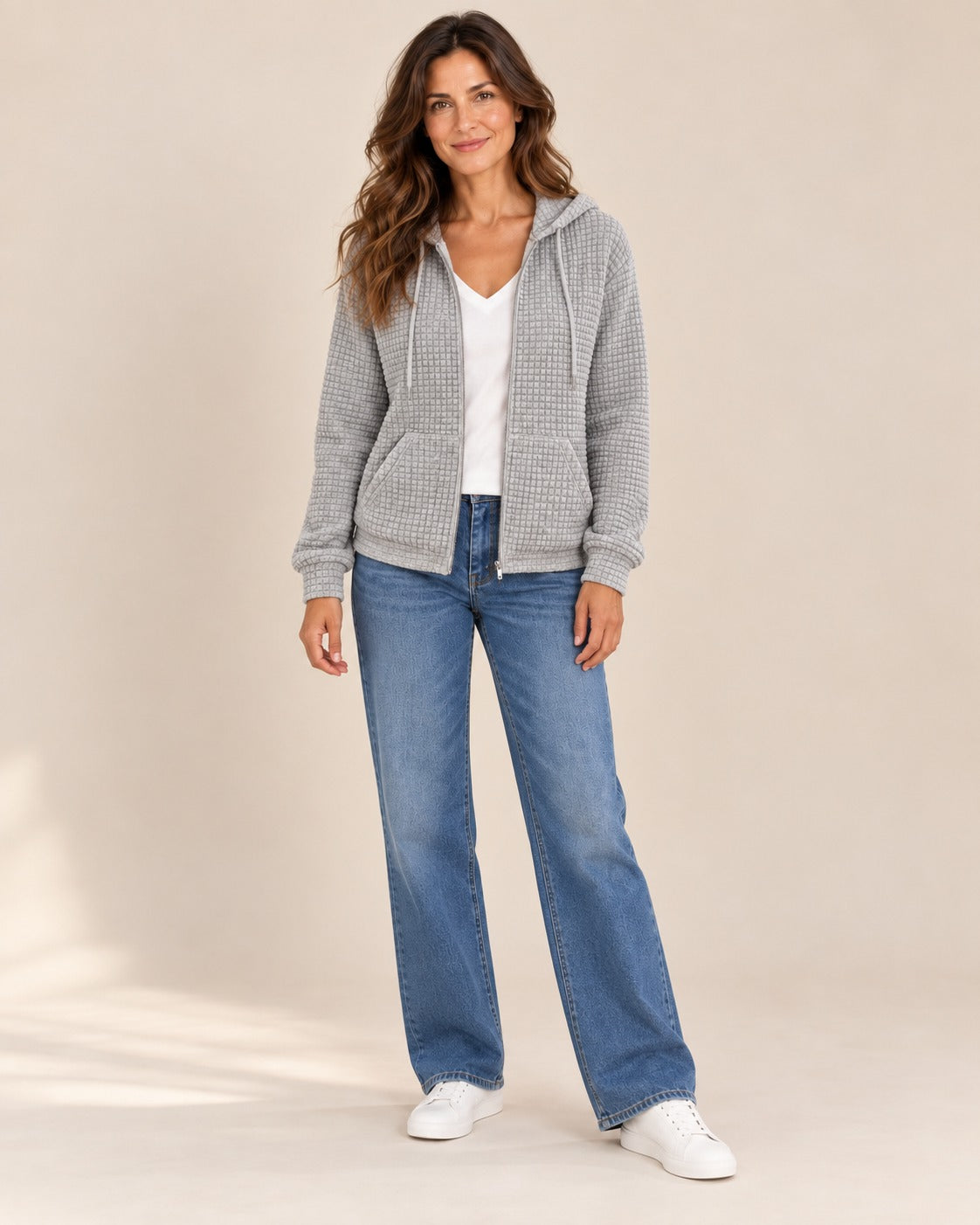 Sweat zippé à capuche en maille gaufrée, Gris chiné, de face