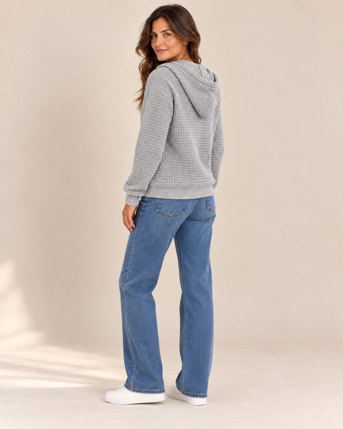 Sweat zippé à capuche en maille gaufrée, Gris chiné, de dos