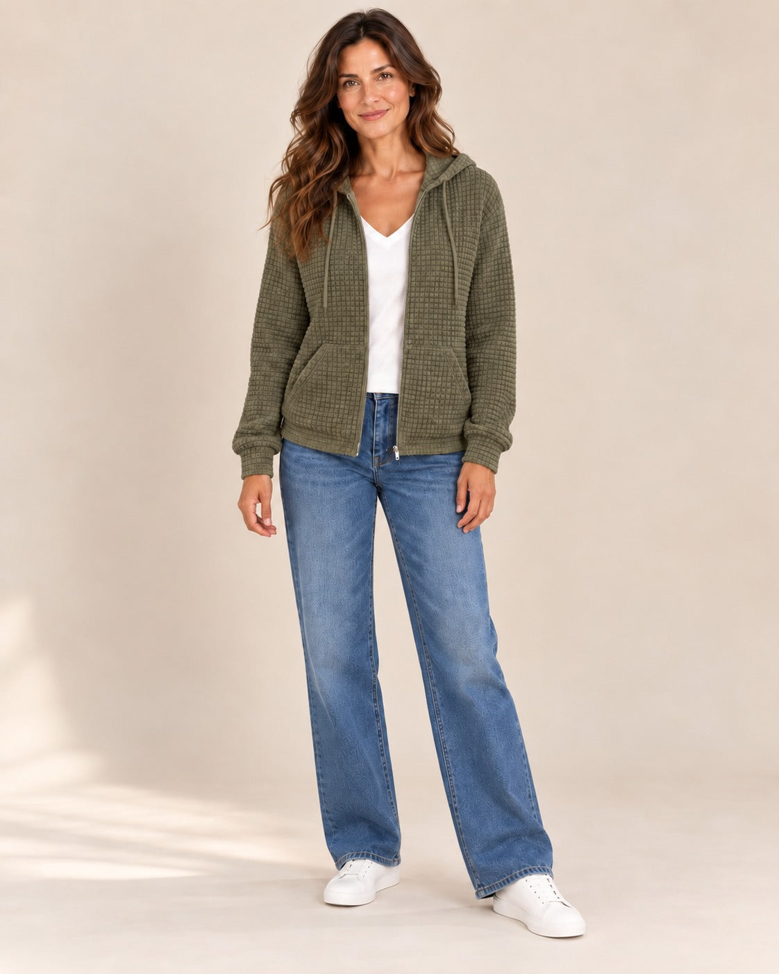 Sweat zippé à capuche en maille gaufrée — Kaki