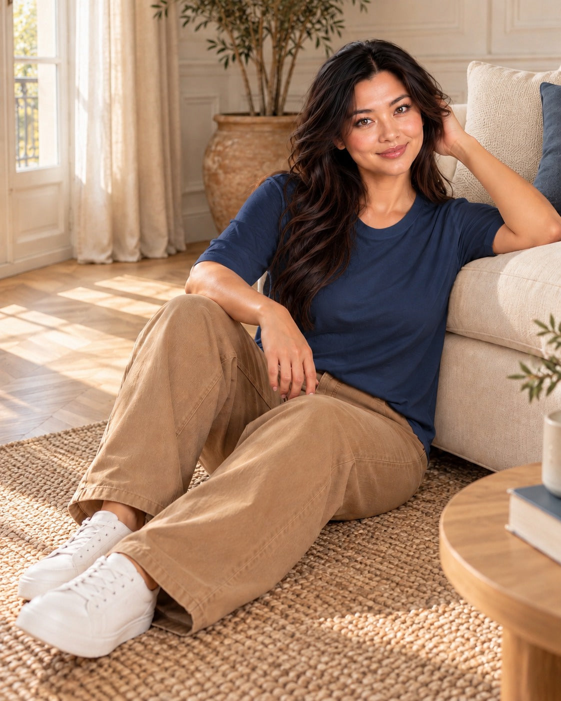 Tee-shirt ample à manches mi-longues — Bleu nuit, porté avec un pantalon large