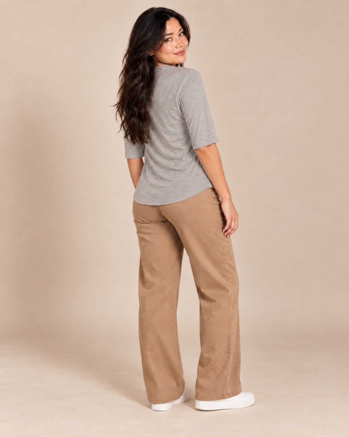 Tee-shirt ample à manches mi-longues — Gris chiné, de dos
