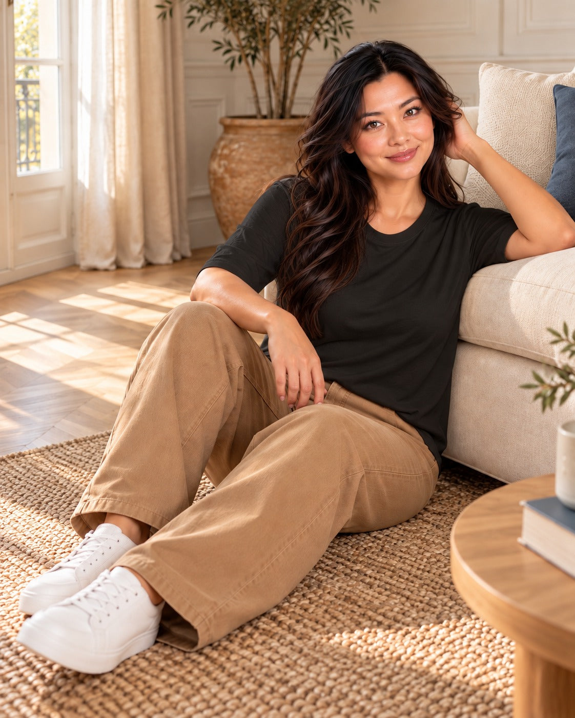 Tee-shirt ample à manches mi-longues — Noir, porté avec un pantalon large