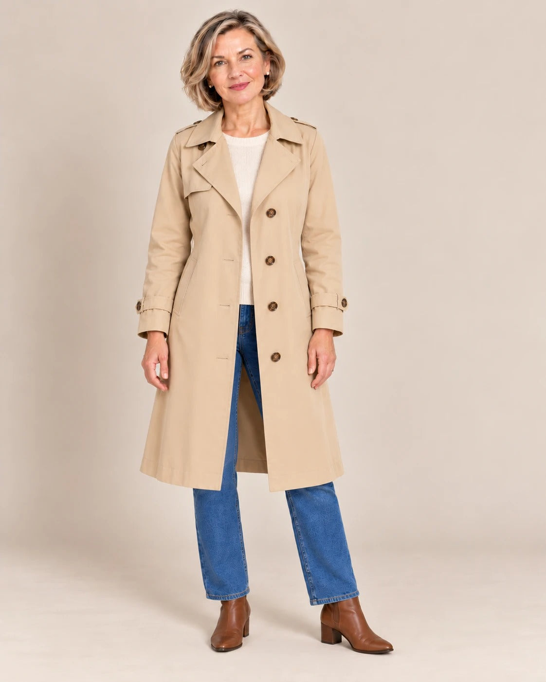 Trench droit mi-long, Sable, de face