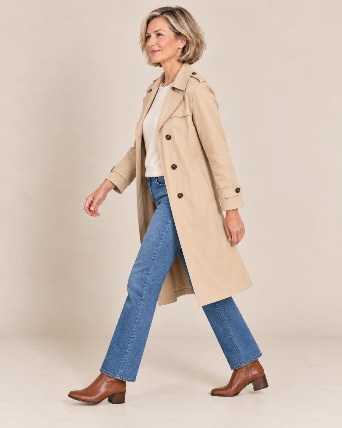 Trench droit mi-long — Sable, porté ouvert
