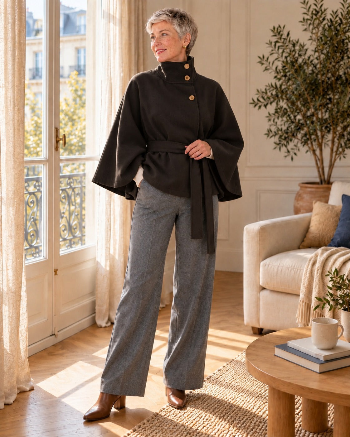Veste cape à col montant — Noir, portée avec un pantalon large